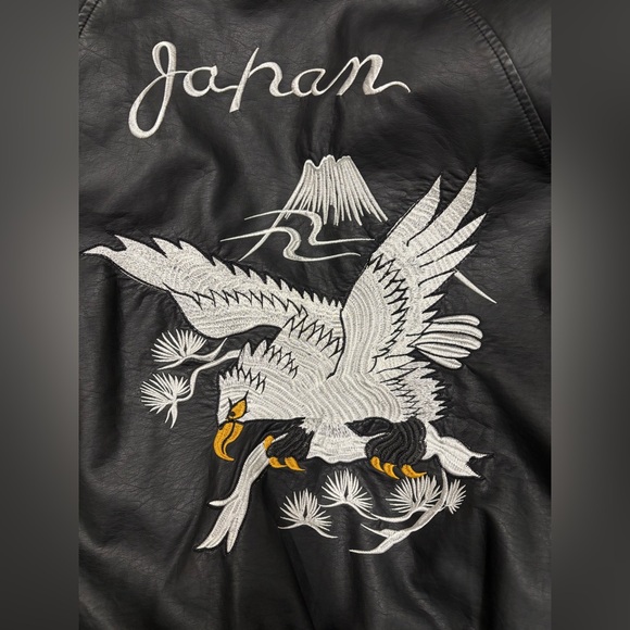 XRAY Jeans Faux Leather Viscose Bomber Japan Eagle Embroidered Jacket Size M - Picture 6 of 7